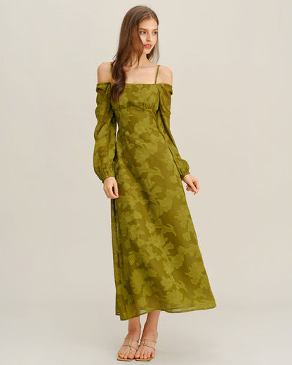 Vestido Maxi A-Line de Cuello Cuadrado con Flores Verdes