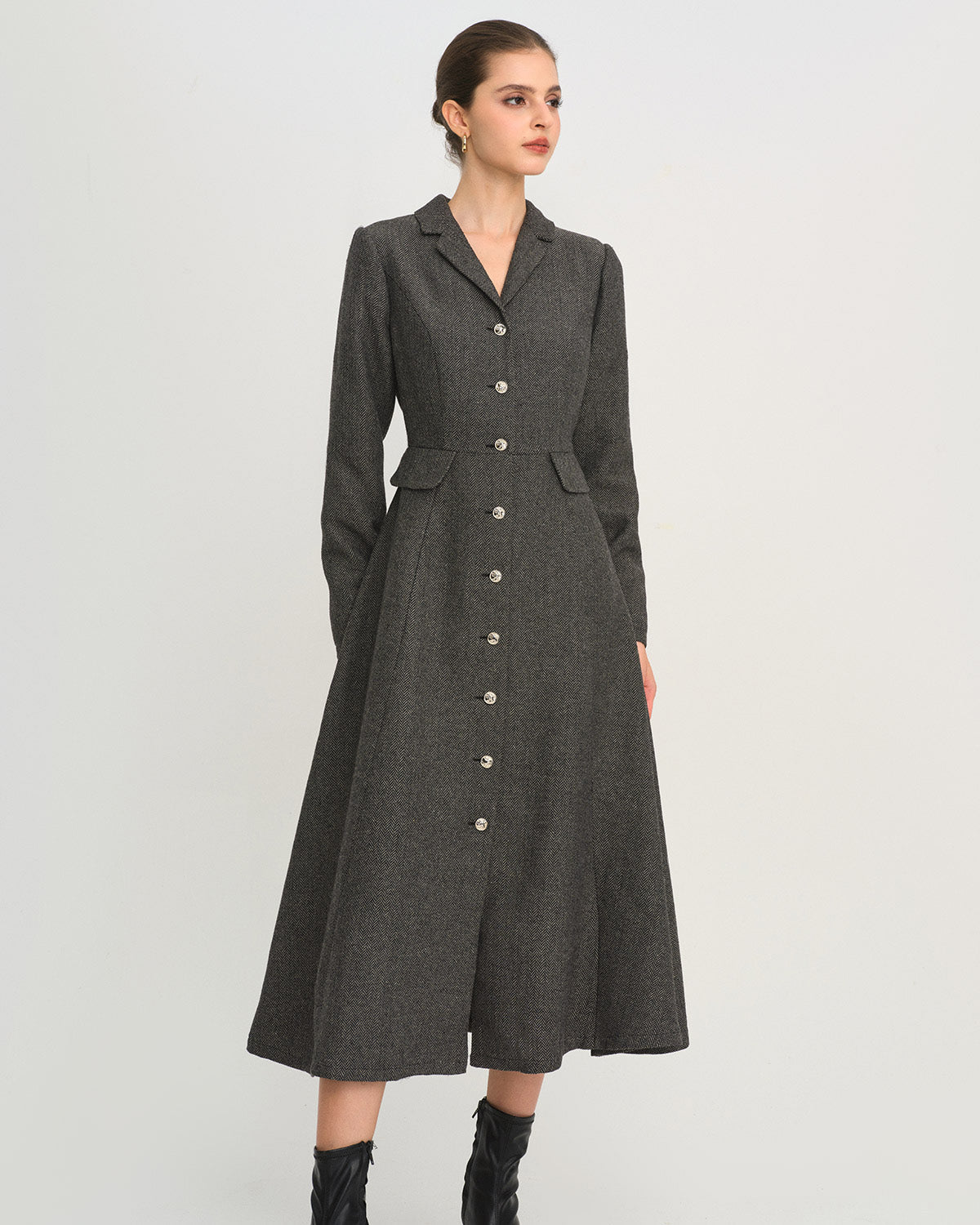 Vestido Maxi A-Line Botones Gris