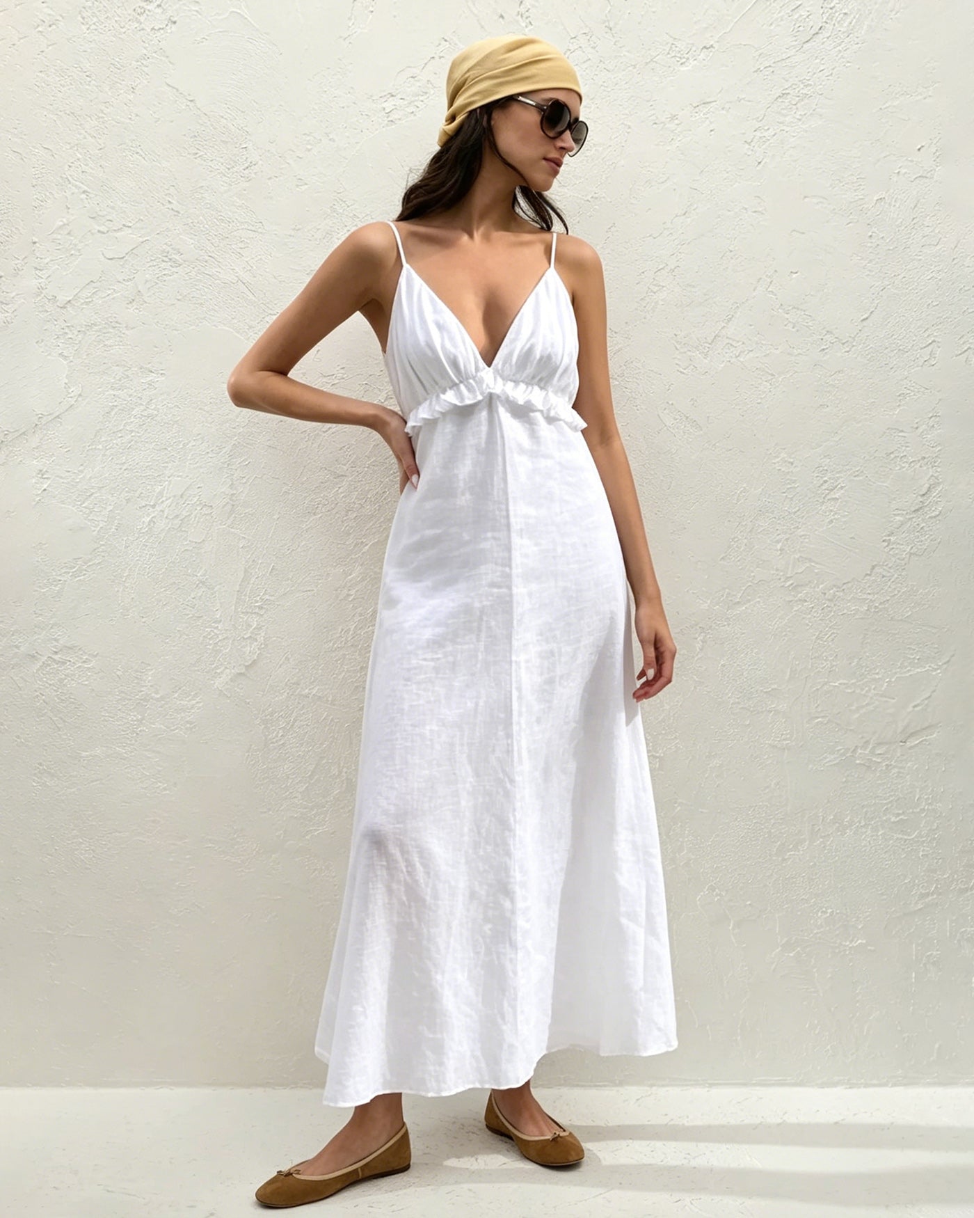 Vestido Maxi Deslizante Arrugado Blanco