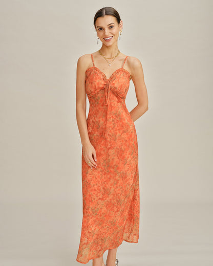Vestido Maxi Slip A-Line Floral Naranja