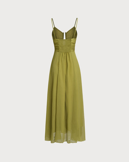Vestido Maxi Deslizable Verde con Pliegues