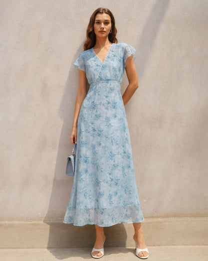 Vestido Largo Floral de Encaje con Cuello en V Azul