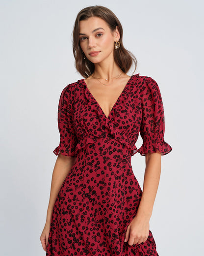 Vestido Maxi Floral de Cuello en V Rojo