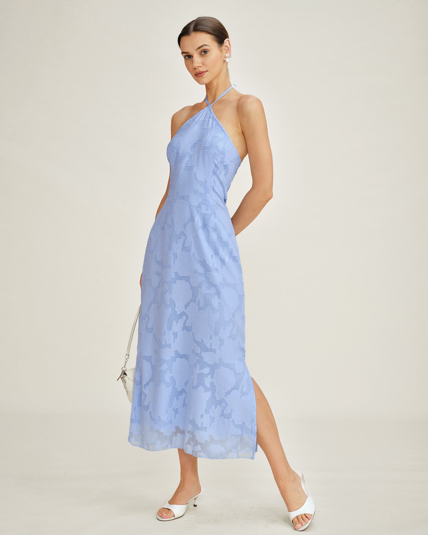 Vestido Maxi Slip Jacquard Azul con Halter