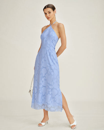 Vestido Maxi Slip Jacquard Azul con Halter