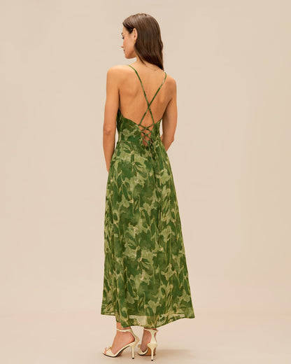 Vestido Maxi de Tirantes Cruzados con Flores Verdes