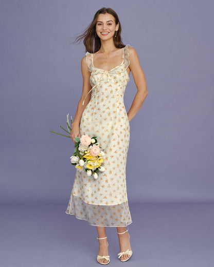 Vestido Maxi Sin Mangas con Volantes de Flor de Albaricoque