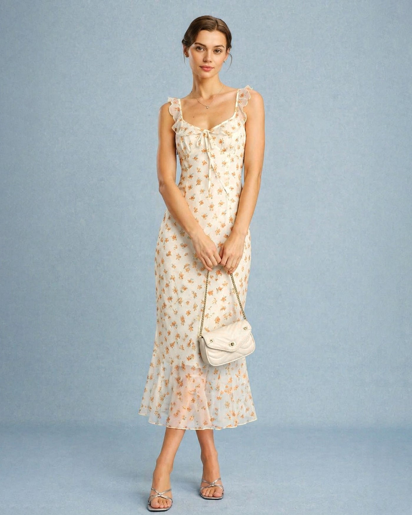 Vestido Maxi Sin Mangas con Volantes de Flor de Albaricoque
