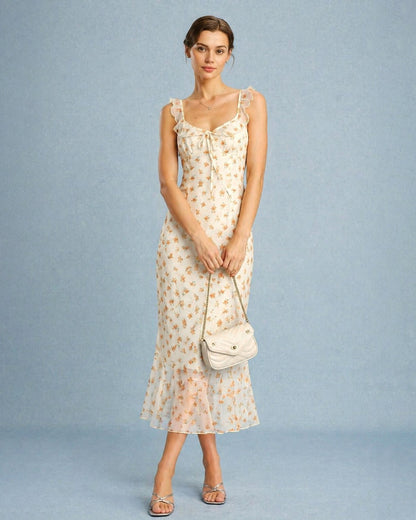 Vestido Maxi Sin Mangas con Volantes de Flor de Albaricoque