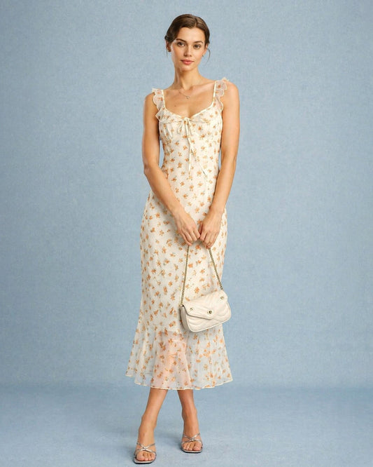Vestido Maxi Sin Mangas con Volantes de Flor de Albaricoque