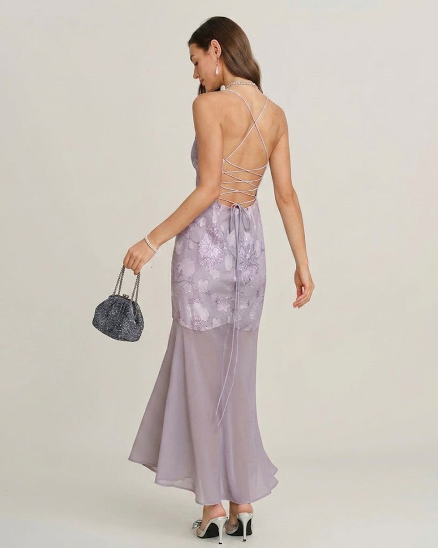 Vestido Maxi Slip de Jacquard con Lentejuelas Moradas