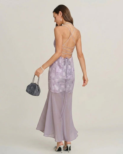 Vestido Maxi Slip de Jacquard con Lentejuelas Moradas