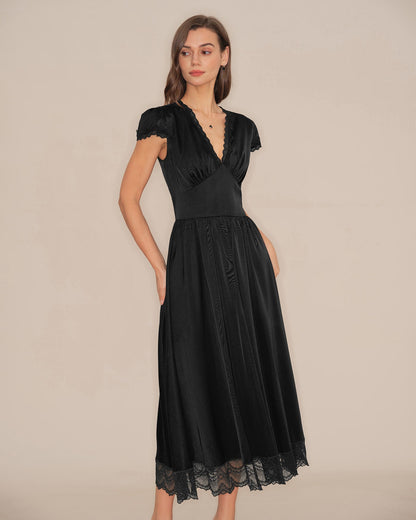 Vestido Maxi Negro con Escote en V y Mangas Abullonadas