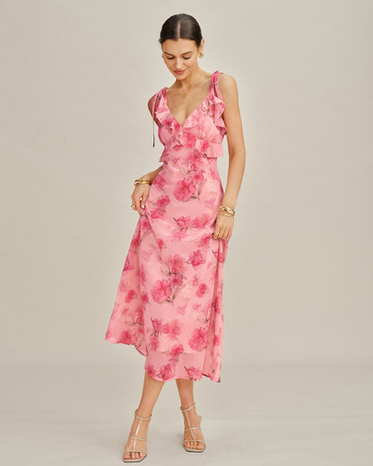 Vestido Maxi de Chiffon con Volantes Florales en Rosa