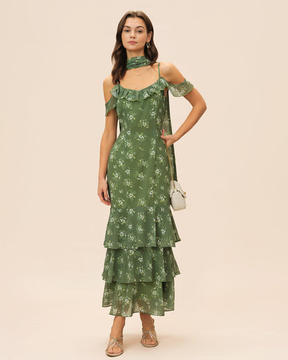 Vestido Maxi Floral con Volantes y Escote en V Verde