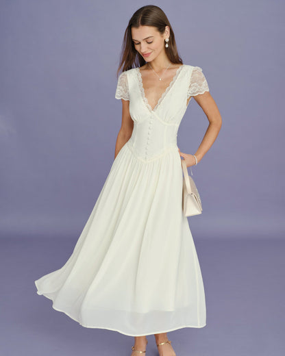 Vestido Maxi de Encaje con Espiguilla en V Color Albaricoque