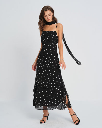 Vestido Maxi Sin Mangas con Lunares Negros