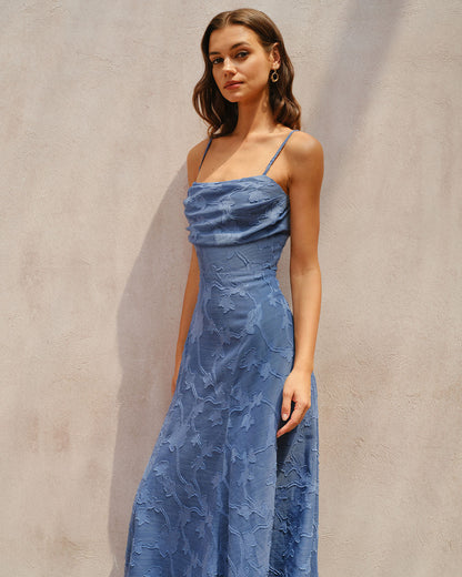 Vestido Maxi Sin Mangas de Jacquard Azul
