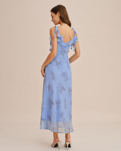 Vestido Maxi con Volantes y Tirantes de Flores Azules