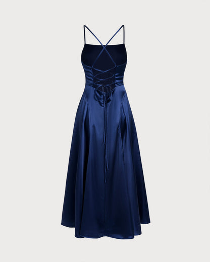 Vestido Maxi de Satén en Color Marino