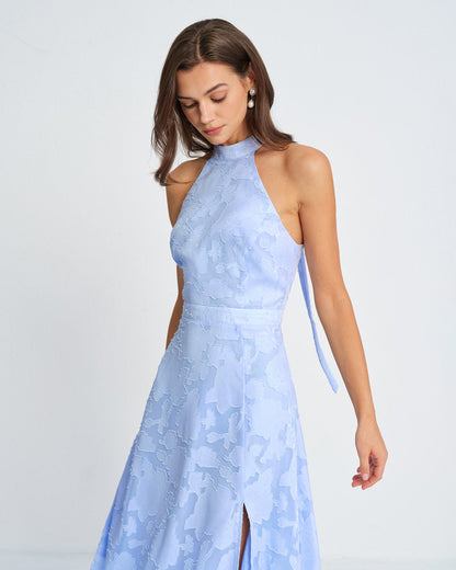 Vestido Maxi Jacquard de Cuello Alto Azul