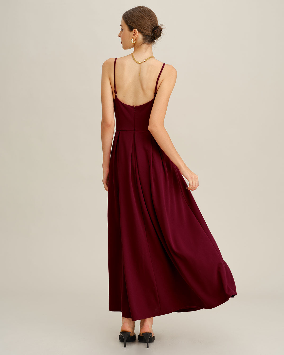 Vestido Maxi de Slip Plisado Color Rojo Vino