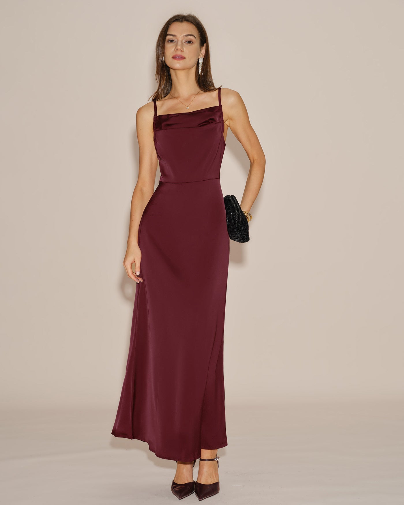Vestido Maxi Slip Sólido Color Rojo Vino