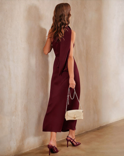 Vestido Maxi de Satén Rojo Vino de Un Hombro