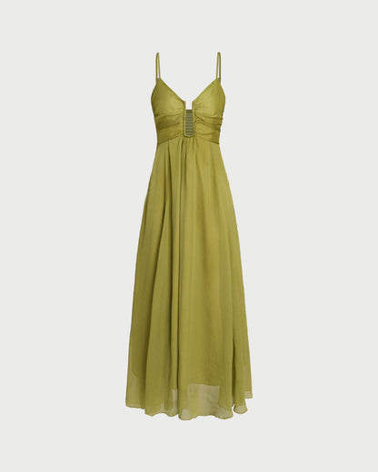 Vestido Maxi Deslizable Verde con Pliegues