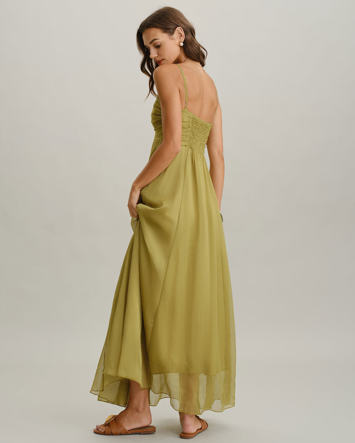 Vestido Maxi Deslizable Verde con Pliegues