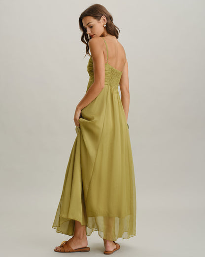 Vestido Maxi Deslizable Verde con Pliegues
