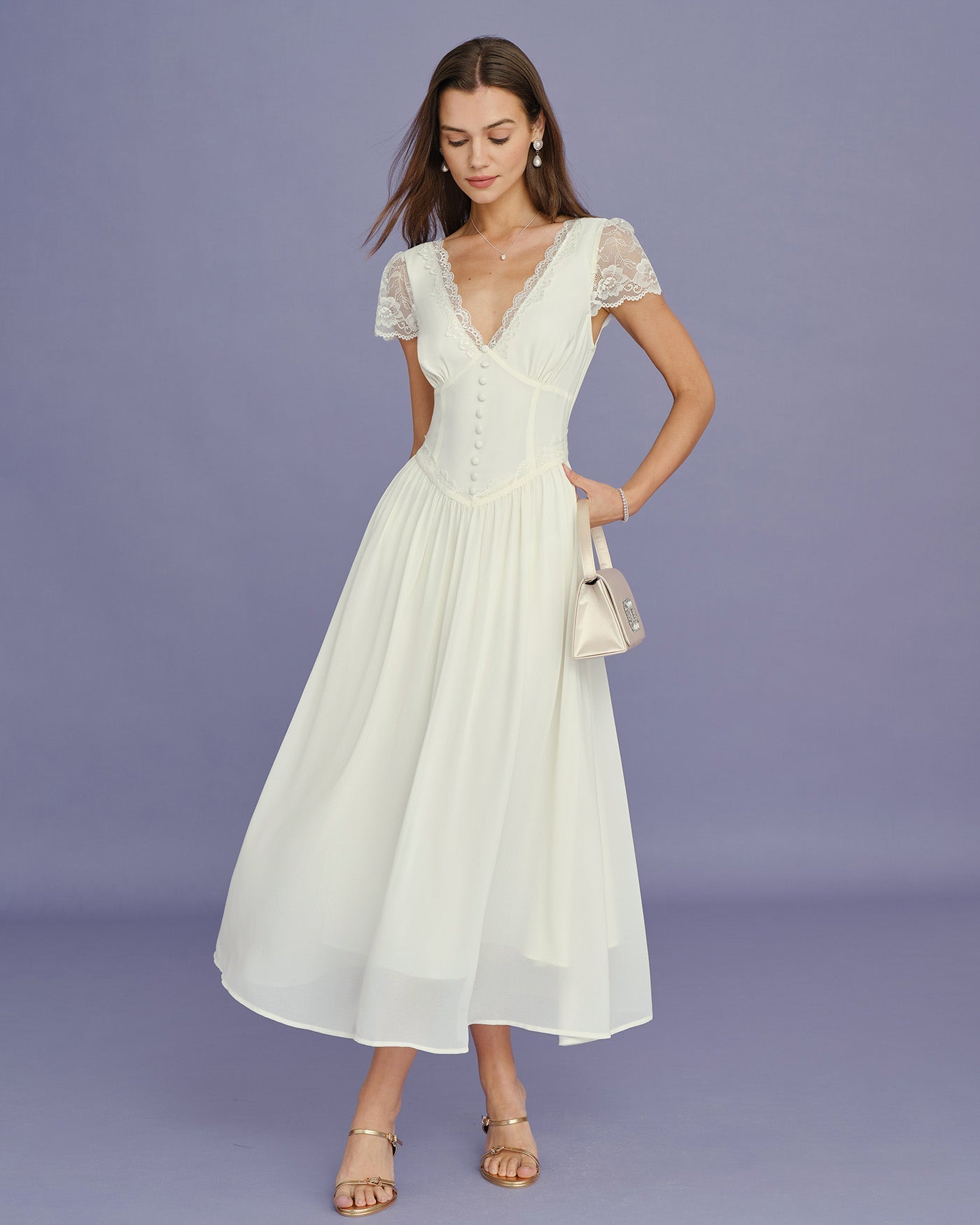Vestido Maxi de Encaje con Espiguilla en V Color Albaricoque