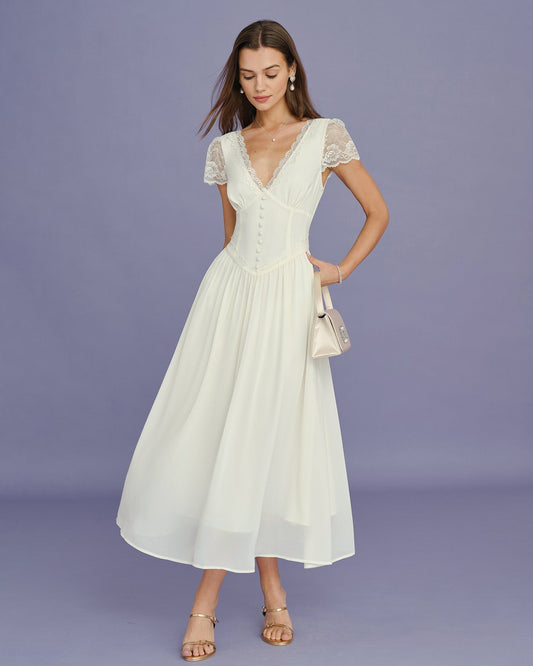 Vestido Maxi de Encaje con Espiguilla en V Color Albaricoque