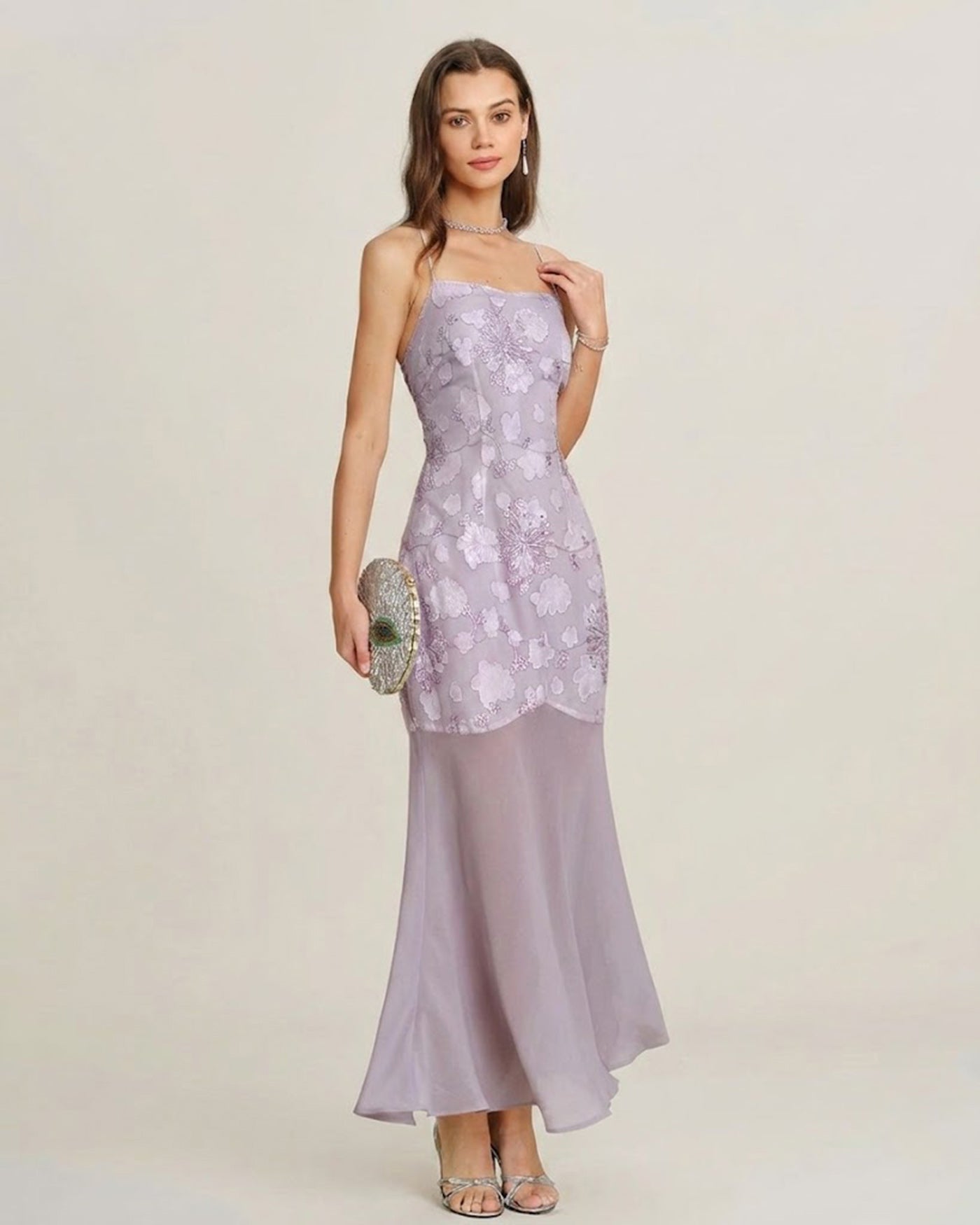 Vestido Maxi Slip de Jacquard con Lentejuelas Moradas