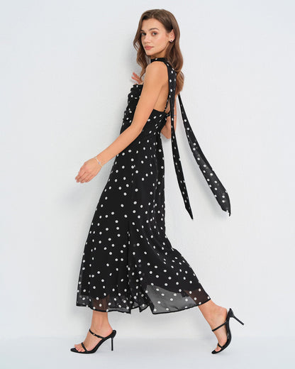 Vestido Maxi Sin Mangas con Lunares Negros