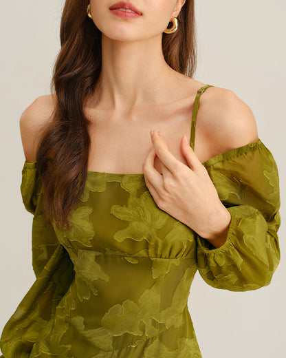 Vestido Maxi A-Line de Cuello Cuadrado con Flores Verdes
