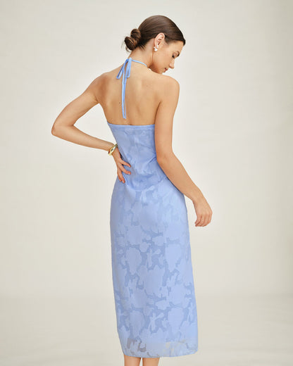 Vestido Maxi Slip Jacquard Azul con Halter
