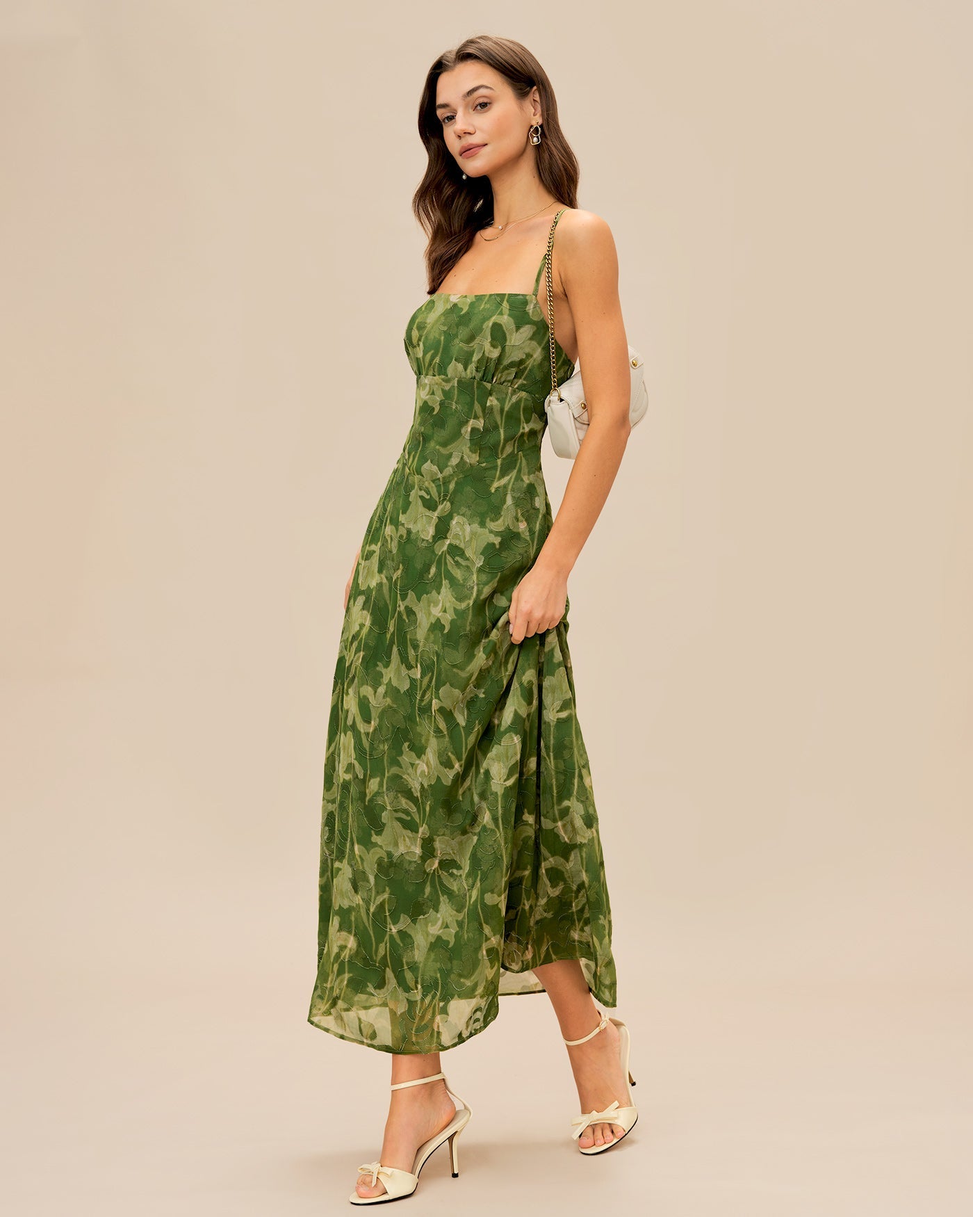 Vestido Maxi de Tirantes Cruzados con Flores Verdes