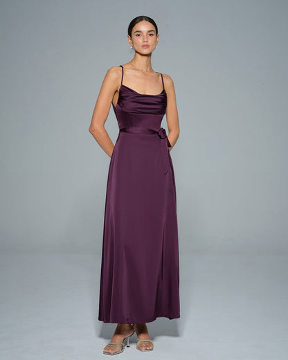 Vestido Maxi de Satén con Cuello de Cowl Morado