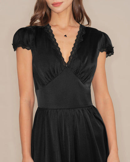 Vestido Maxi Negro con Escote en V y Mangas Abullonadas