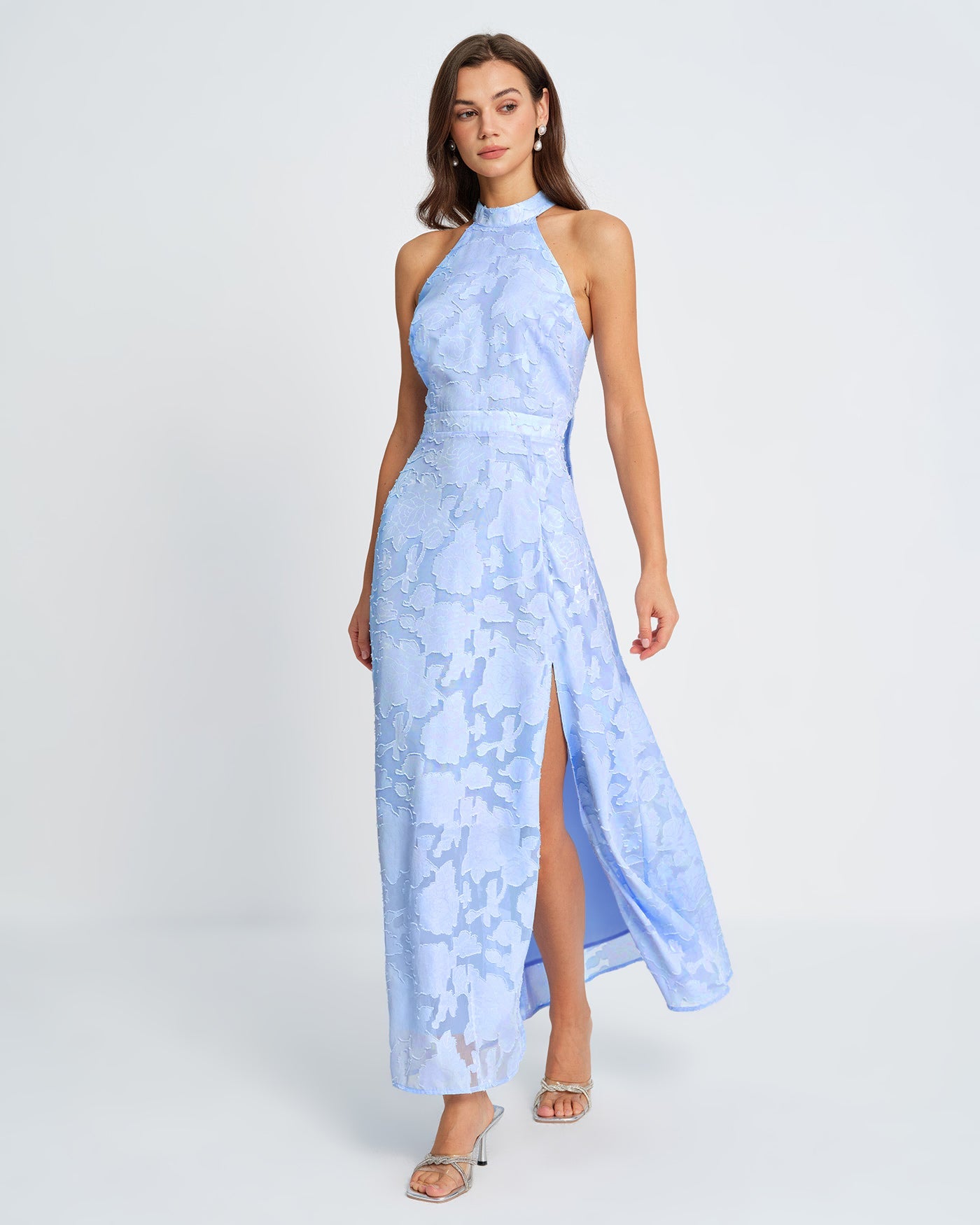 Vestido Maxi Jacquard de Cuello Alto Azul