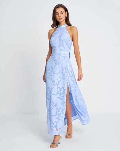 Vestido Maxi Jacquard de Cuello Alto Azul
