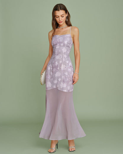 Vestido Maxi Slip de Jacquard con Lentejuelas Moradas