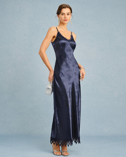Vestido Maxi de Encaje Jacquard en Color Marino
