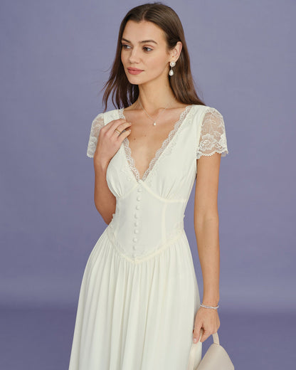 Vestido Maxi de Encaje con Espiguilla en V Color Albaricoque