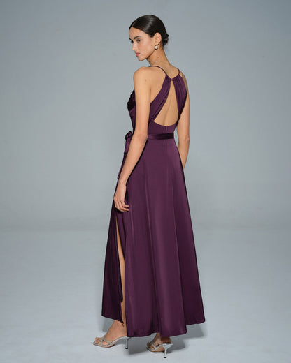 Vestido Maxi de Satén con Cuello de Cowl Morado