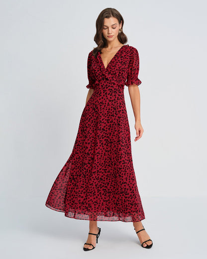 Vestido Maxi Floral de Cuello en V Rojo