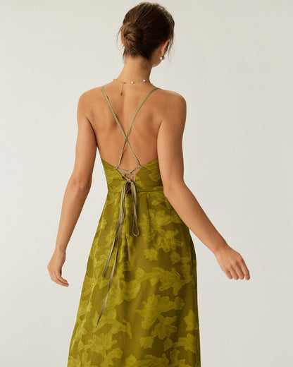 Vestido Maxi Sin Espalda con Fruncidos Florales Verdes