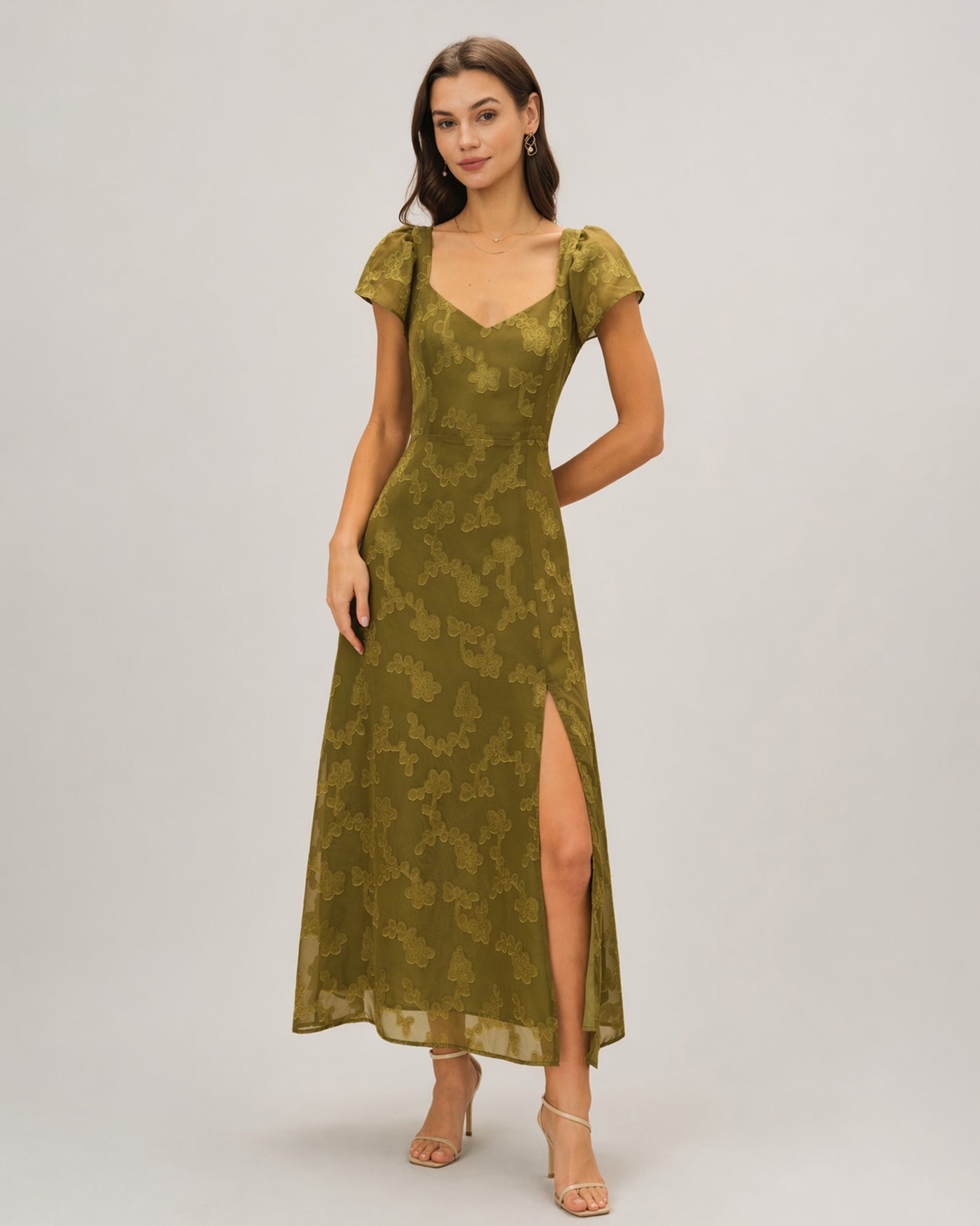 Vestido Maxi Jacquard de Escote Corazón Verde