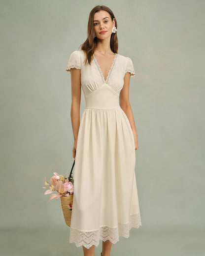 Vestido Maxi de Encaje con Escote en V Color Albaricoque